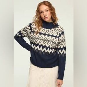 Lucky Brand Fair Isle Mock Neck Sweater Blue Gray Women’s XL